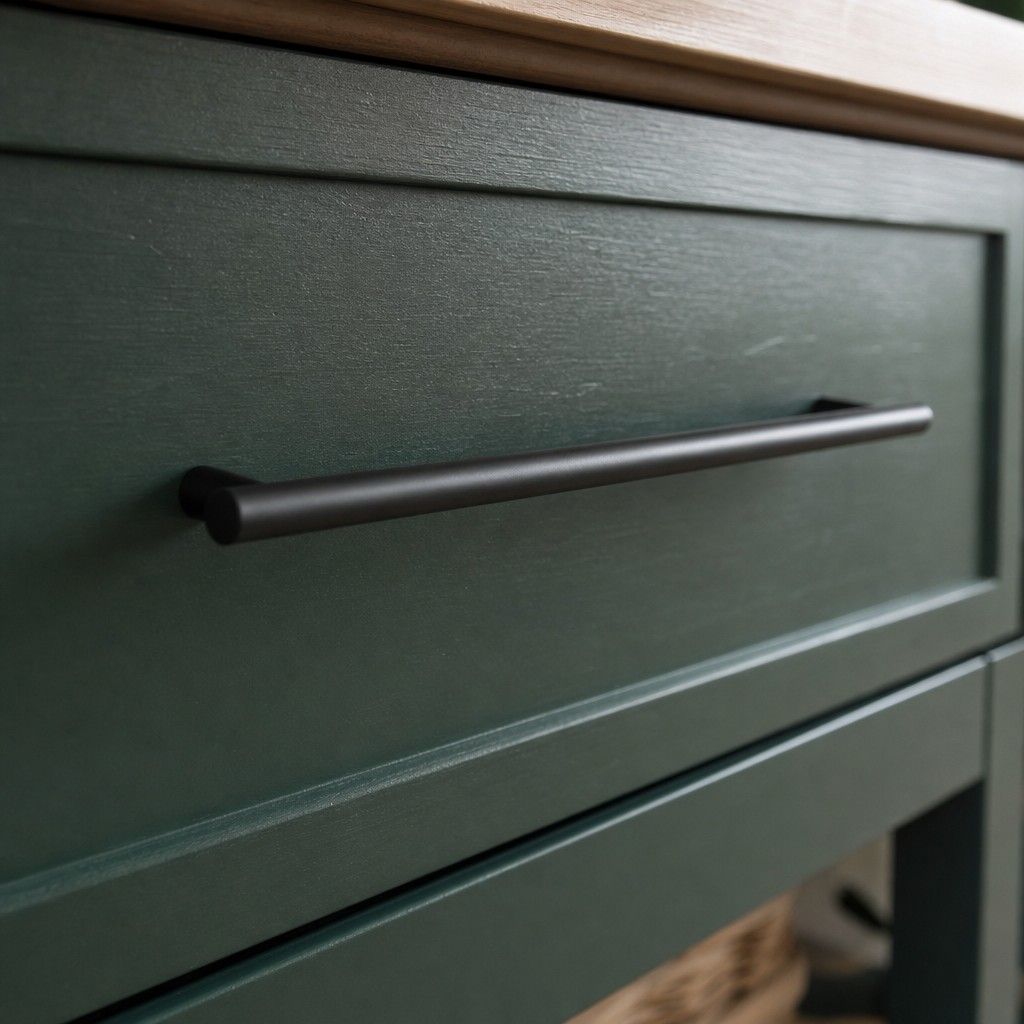 Close-up of a long matte black bar pull on a painted drawer front