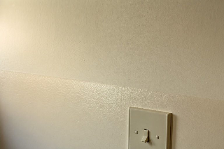 Close-up of an ordinary painted interior wall where a velvety matte field above meets a glossier satin band below near a light switch, raking afternoon side-light catching the satin so it reflects while the matte stays flat
