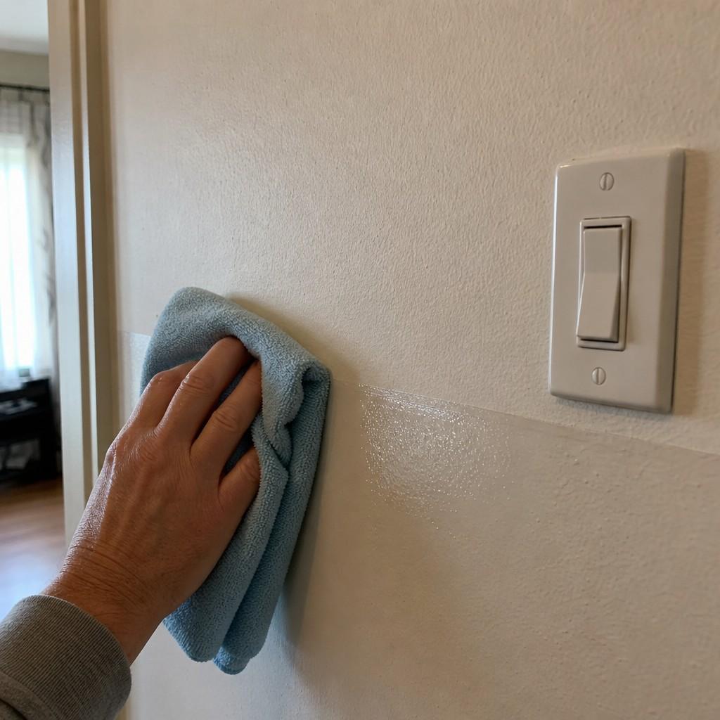 A hand wiping a damp microfiber cloth across the satin band of an interior wall near a light switch, the glossier band catching raking afternoon light while the matte wall above stays flat