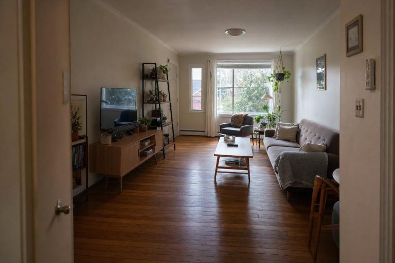 View from a doorway into a small living room with a long clear diagonal sightline across the floor to a far window