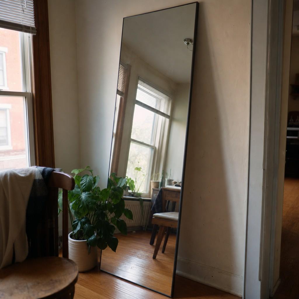 A tall floor mirror placed to reflect a window, throwing daylight across a small room