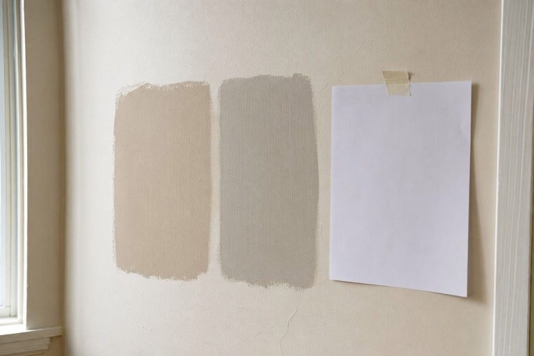 Two greige paint sample squares brushed onto a wall beside a sheet of plain white paper in natural daylight
